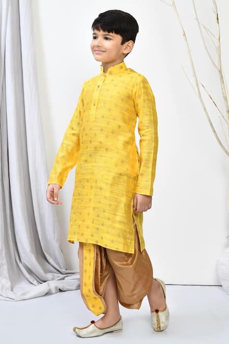 Shop Petite Pomme Yellow Brocade Embroidery Woven Kurta Dhoti Pant Set Online at Aza Fashions Shop_Petite Pomme_Yellow Brocade Embroidery Woven Kurta Dhoti Pant Set _Online_at_Aza_Fashions