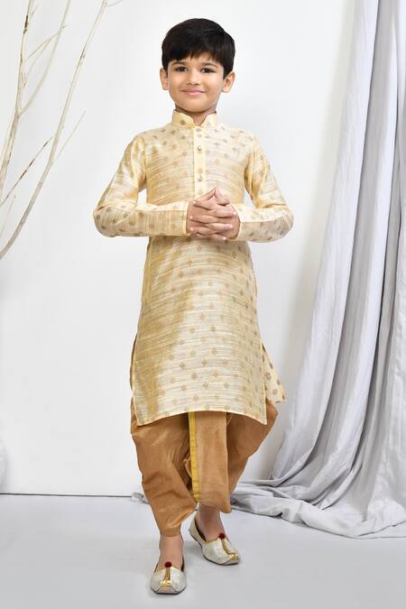 Petite Pomme_Beige Brocade, Silk Embroidery Floral Woven Kurta Dhoti Pant Set _Online_at_Aza_Fashions