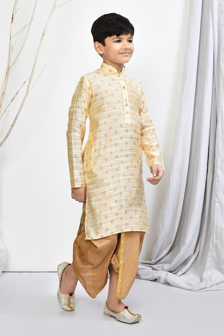 Shop_Petite Pomme_Beige Brocade, Silk Embroidery Floral Woven Kurta Dhoti Pant Set _Online_at_Aza_Fashions