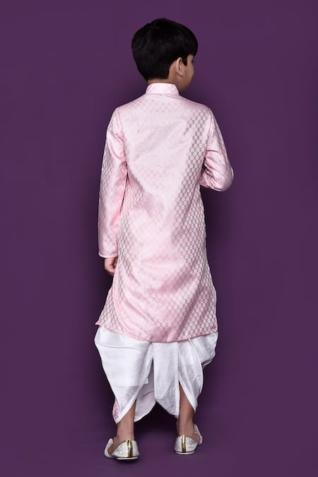Shop_Petite Pomme_Pink Brocade, Silk Floral Woven Pastel Kurta Dhoti Pant Set _at_Aza_Fashions