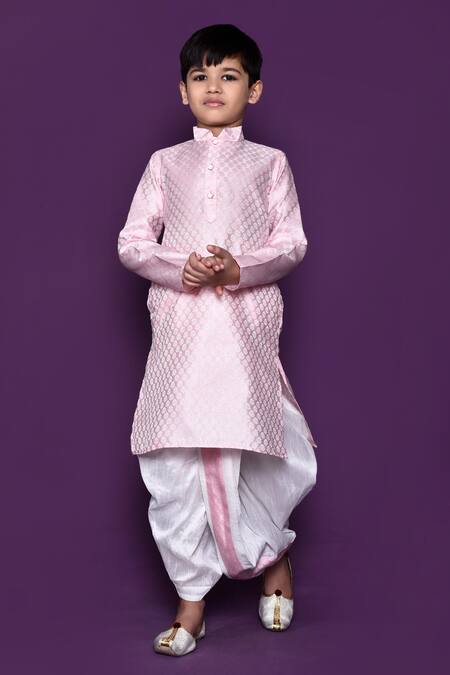 Buy_Petite Pomme_Pink Brocade, Silk Floral Woven Pastel Kurta Dhoti Pant Set _Online_at_Aza_Fashions