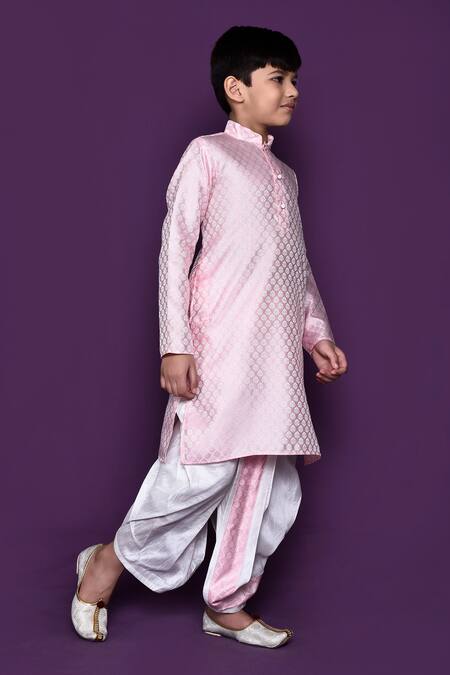Shop_Petite Pomme_Pink Brocade, Silk Floral Woven Pastel Kurta Dhoti Pant Set _Online_at_Aza_Fashions