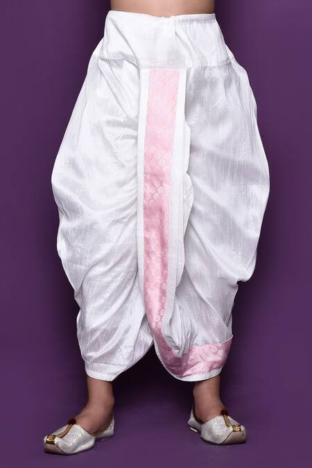 Petite Pomme_Pink Brocade, Silk Floral Woven Pastel Kurta Dhoti Pant Set _at_Aza_Fashions