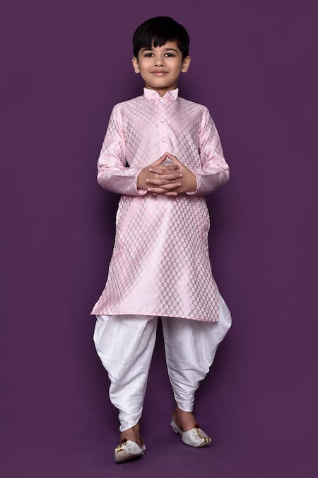 Petite Pomme_Pink Brocade, Silk Embroidery Floral Woven Pastel Kurta Patiala Pant Set _Online_at_Aza_Fashions
