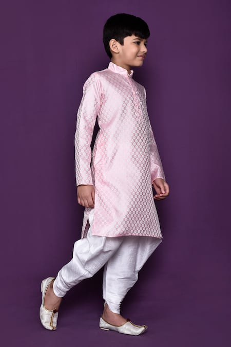 Shop_Petite Pomme_Pink Brocade, Silk Embroidery Floral Woven Pastel Kurta Patiala Pant Set _Online_at_Aza_Fashions