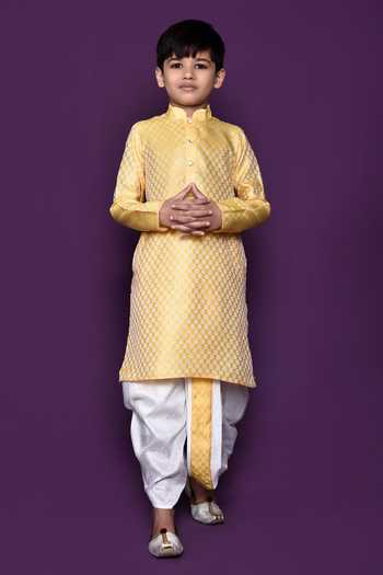 Petite Pomme_Yellow Brocade, Silk Embroidery Woven Kurta Dhoti Pant Set _Online_at_Aza_Fashions