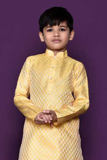 Buy_Petite Pomme_Yellow Brocade, Silk Embroidery Woven Kurta Dhoti Pant Set _Online_at_Aza_Fashions