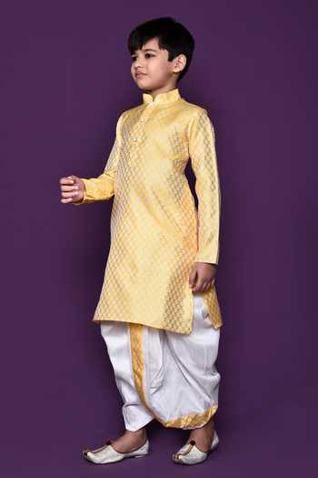 Shop_Petite Pomme_Yellow Brocade, Silk Embroidery Woven Kurta Dhoti Pant Set _Online_at_Aza_Fashions