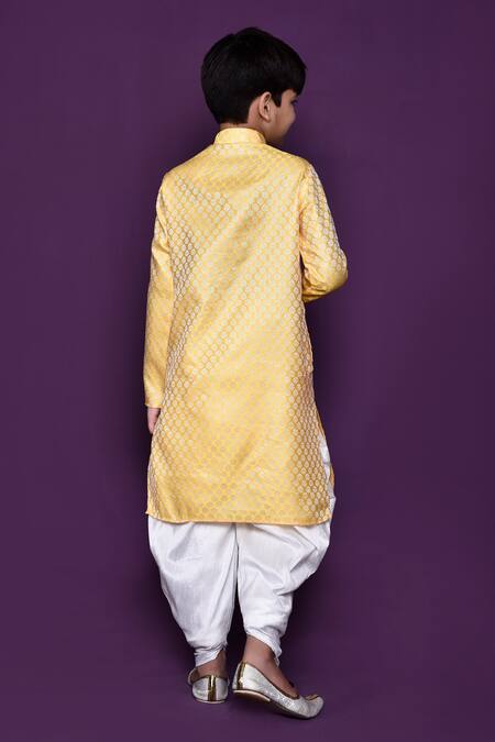 Shop_Petite Pomme_Yellow Brocade, Acrylic, Silk Embroidery Woven Kurta Patiala Pant Set _at_Aza_Fashions