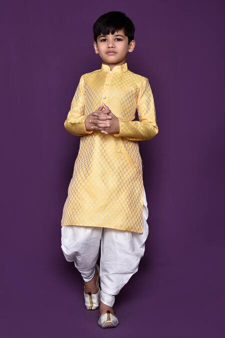 Shop_Petite Pomme_Yellow Brocade, Acrylic, Silk Embroidery Woven Kurta Patiala Pant Set _Online_at_Aza_Fashions