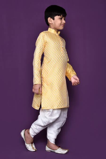 Petite Pomme_Yellow Brocade, Acrylic, Silk Embroidery Woven Kurta Patiala Pant Set _at_Aza_Fashions