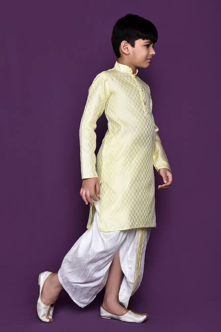 Shop_Petite Pomme_Yellow Brocade, Silk Embroidery Woven Pastel Kurta Dhoti Pant Set_Online_at_Aza_Fashions