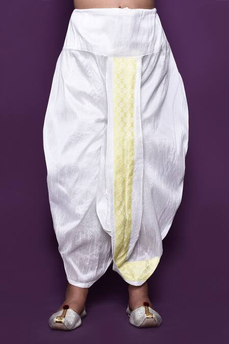 Petite Pomme_Yellow Brocade, Silk Embroidery Woven Pastel Kurta Dhoti Pant Set_at_Aza_Fashions