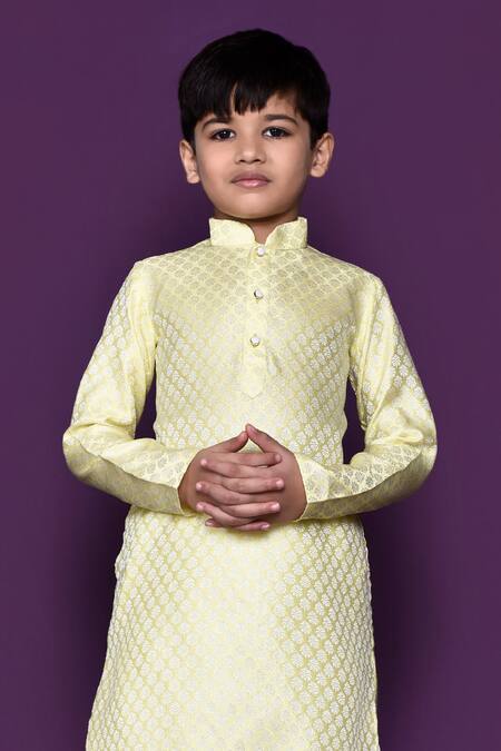 Buy_Petite Pomme_Yellow Brocade, Silk Embroidery Woven Pastel Kurta Patiala Pant Set_Online_at_Aza_Fashions