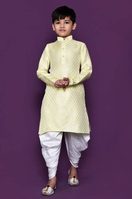 Shop_Petite Pomme_Yellow Brocade, Silk Embroidery Woven Pastel Kurta Patiala Pant Set_Online_at_Aza_Fashions