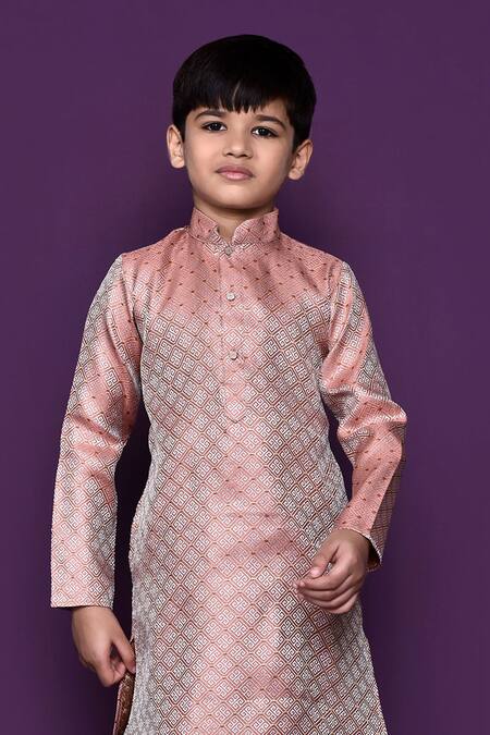 Petite Pomme Pink Brocade, Silk Geometric Pattern Woven Kurta And Dhoti Pant Set Online at Aza Fashions Petite Pomme_Pink Brocade, Silk Geometric Pattern Woven Kurta And Dhoti Pant Set_Online_at_Aza_Fashions