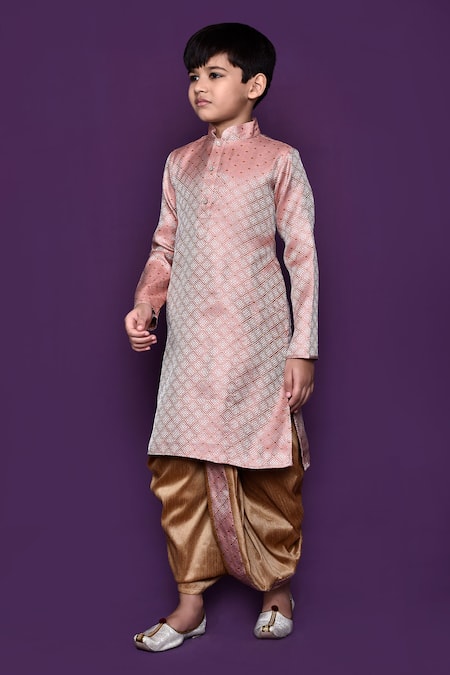 Buy_Petite Pomme_Pink Brocade, Silk Geometric Pattern Woven Kurta And Dhoti Pant Set_Online_at_Aza_Fashions