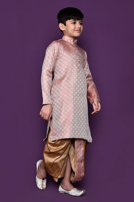 Shop_Petite Pomme_Pink Brocade, Silk Geometric Pattern Woven Kurta And Dhoti Pant Set_Online_at_Aza_Fashions