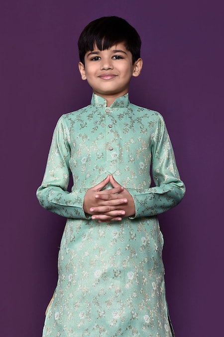 Buy_Petite Pomme_Green Brocade, Silk Embroidery, Floral Pattern Woven Kurta Dhoti Pant Set_Online_at_Aza_Fashions