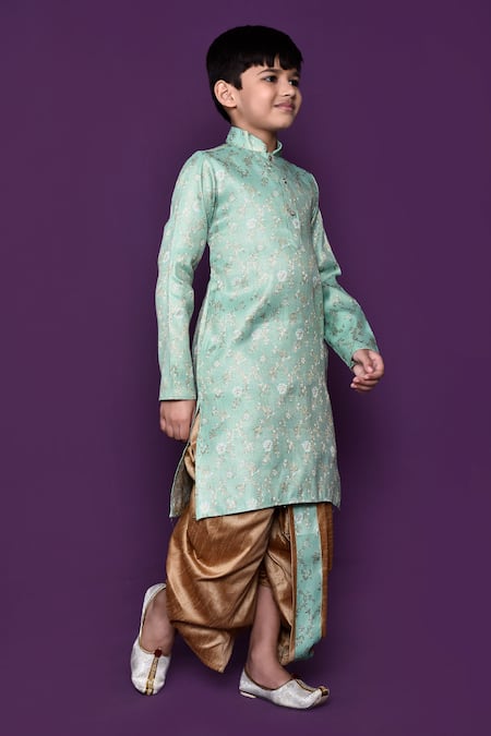 Shop_Petite Pomme_Green Brocade, Silk Embroidery, Floral Pattern Woven Kurta Dhoti Pant Set_Online_at_Aza_Fashions