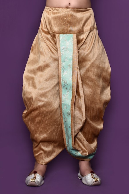 Petite Pomme_Green Brocade, Silk Embroidery, Floral Pattern Woven Kurta Dhoti Pant Set_at_Aza_Fashions