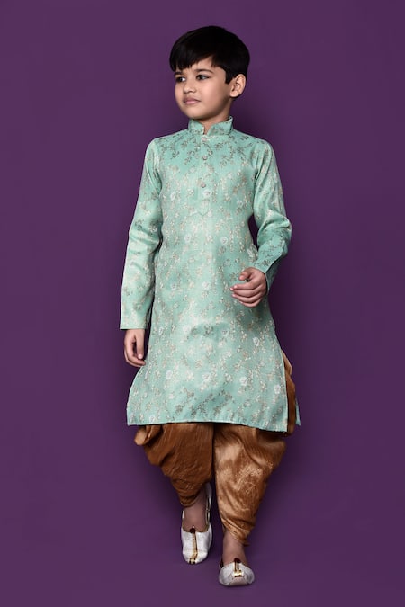 Petite Pomme Green Brocade, Acrylic, Silk Floral Pattern Woven Kurta Patiala Pant Set