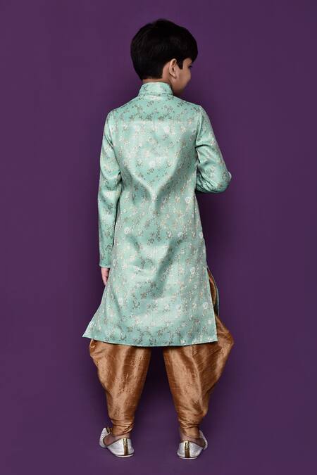 Shop_Petite Pomme_Green Brocade, Acrylic, Silk Floral Pattern Woven Kurta Patiala Pant Set_at_Aza_Fashions