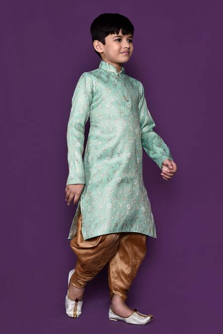 Petite Pomme_Green Brocade, Acrylic, Silk Floral Pattern Woven Kurta Patiala Pant Set_at_Aza_Fashions