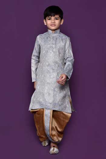 Petite Pomme_Grey Brocade, Silk Embroidery Floral Pattern Kurta Dhoti Pant Set _Online_at_Aza_Fashions