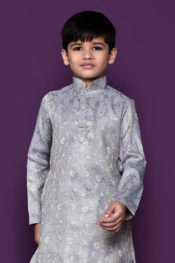 Buy_Petite Pomme_Grey Brocade, Silk Embroidery Floral Pattern Kurta Dhoti Pant Set _Online_at_Aza_Fashions