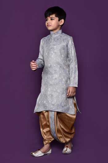 Shop_Petite Pomme_Grey Brocade, Silk Embroidery Floral Pattern Kurta Dhoti Pant Set _Online_at_Aza_Fashions
