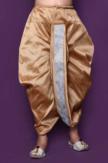Petite Pomme_Grey Brocade, Silk Embroidery Floral Pattern Kurta Dhoti Pant Set _at_Aza_Fashions
