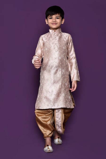 Petite Pomme_Peach Brocade, Silk Zari Floral Pattern Kurta Dhoti Pant Set _Online_at_Aza_Fashions