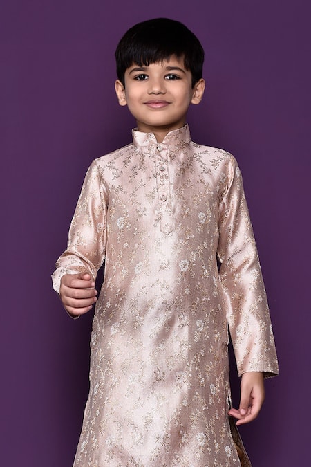 Buy Petite Pomme Peach Brocade, Silk Zari Floral Pattern Kurta Dhoti Pant Set Online at Aza Fashions Buy_Petite Pomme_Peach Brocade, Silk Zari Floral Pattern Kurta Dhoti Pant Set _Online_at_Aza_Fashions