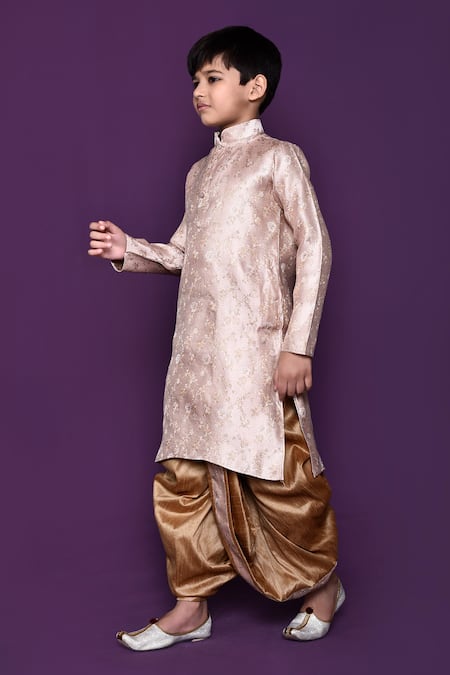 Shop_Petite Pomme_Peach Brocade, Silk Zari Floral Pattern Kurta Dhoti Pant Set _Online_at_Aza_Fashions