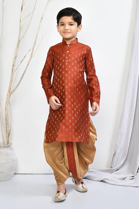 Petite Pomme_Orange Brocade, Silk Floral Motif Kurta Dhoti Pant Set _Online_at_Aza_Fashions