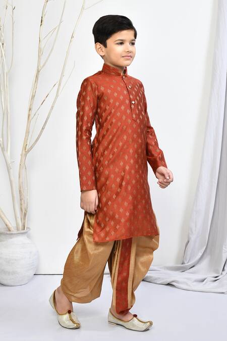 Shop_Petite Pomme_Orange Brocade, Silk Floral Motif Kurta Dhoti Pant Set _Online_at_Aza_Fashions