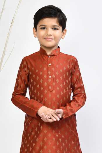 Petite Pomme Orange Brocade, Acrylic, Silk Embroidery Floral Motif Kurta Patiala Pant Set Online at Aza Fashions Petite Pomme_Orange Brocade, Acrylic, Silk Embroidery Floral Motif Kurta Patiala Pant Set _Online_at_Aza_Fashions