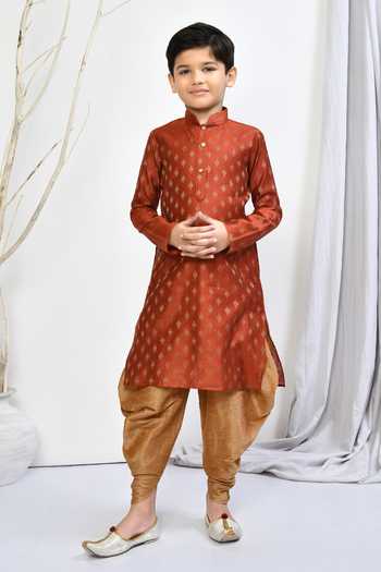 Buy_Petite Pomme_Orange Brocade, Acrylic, Silk Embroidery Floral Motif Kurta Patiala Pant Set _Online_at_Aza_Fashions