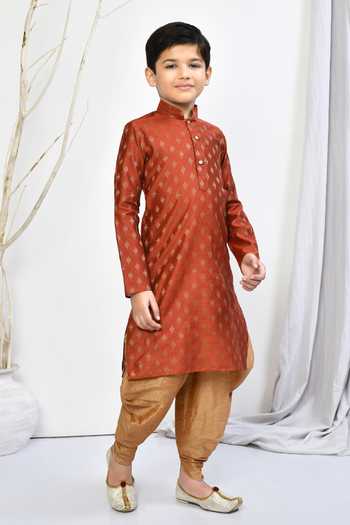 Shop_Petite Pomme_Orange Brocade, Acrylic, Silk Embroidery Floral Motif Kurta Patiala Pant Set _Online_at_Aza_Fashions