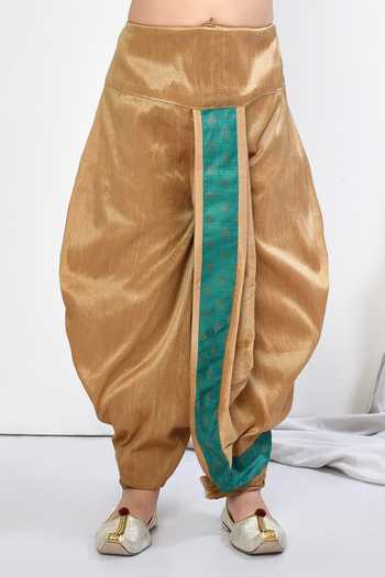Petite Pomme_Green Brocade, Silk Embroidery Floral Motif Kurta And Dhoti Pant Set _Online_at_Aza_Fashions