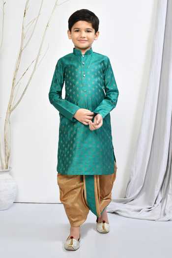 Buy_Petite Pomme_Green Brocade, Silk Embroidery Floral Motif Kurta And Dhoti Pant Set _Online_at_Aza_Fashions