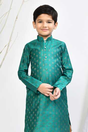 Shop_Petite Pomme_Green Brocade, Silk Embroidery Floral Motif Kurta And Dhoti Pant Set _Online_at_Aza_Fashions