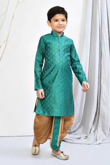 Petite Pomme_Green Brocade, Silk Embroidery Floral Motif Kurta And Dhoti Pant Set _at_Aza_Fashions