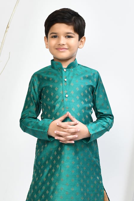 Shop_Petite Pomme_Green Brocade, Silk Embroidery Floral Motif Kurta And Patiala Pant Set _Online_at_Aza_Fashions