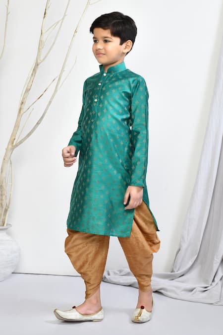 Petite Pomme_Green Brocade, Silk Embroidery Floral Motif Kurta And Patiala Pant Set _at_Aza_Fashions