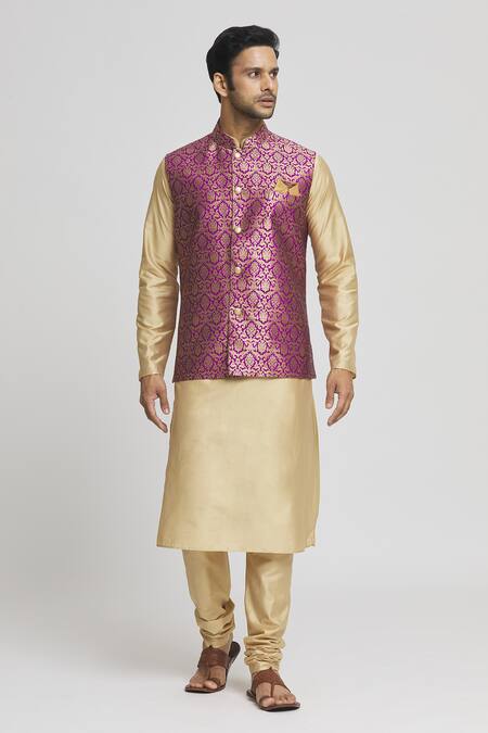Buy_Arihant Rai Sinha_Magenta Brocade, Silk Zari Woven Bundi Kurta Set _Online_at_Aza_Fashions