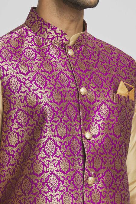Shop_Arihant Rai Sinha_Magenta Brocade, Silk Zari Woven Bundi Kurta Set _Online_at_Aza_Fashions