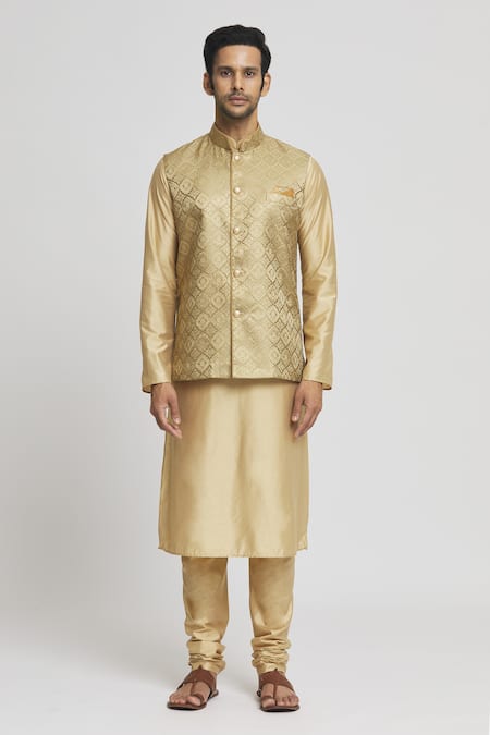Buy Arihant Rai Sinha Gold Brocade, Silk Embroidery Geometric Woven Bundi Kurta Set Online at Aza Fashions Buy_Arihant Rai Sinha_Gold Brocade, Silk Embroidery Geometric Woven Bundi Kurta Set _Online_at_Aza_Fashions