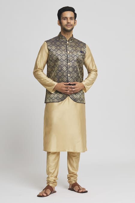 Arihant Rai Sinha Blue Brocade, Silk Embroidery Navy Woven Geometric Bundi Kurta Set